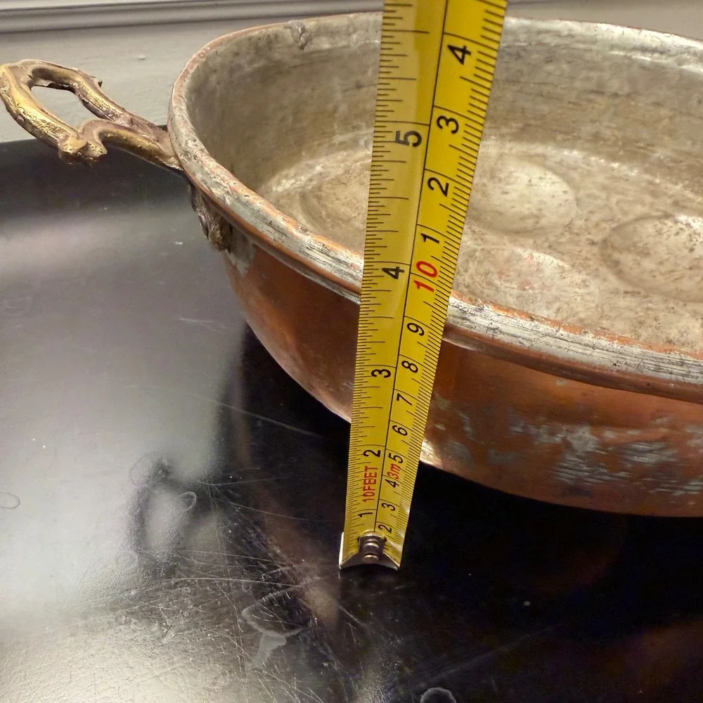 Antique‎ Hammered Copper Egg Poacher Pan Brass Handles 7 Cup Rustic 10 Inch